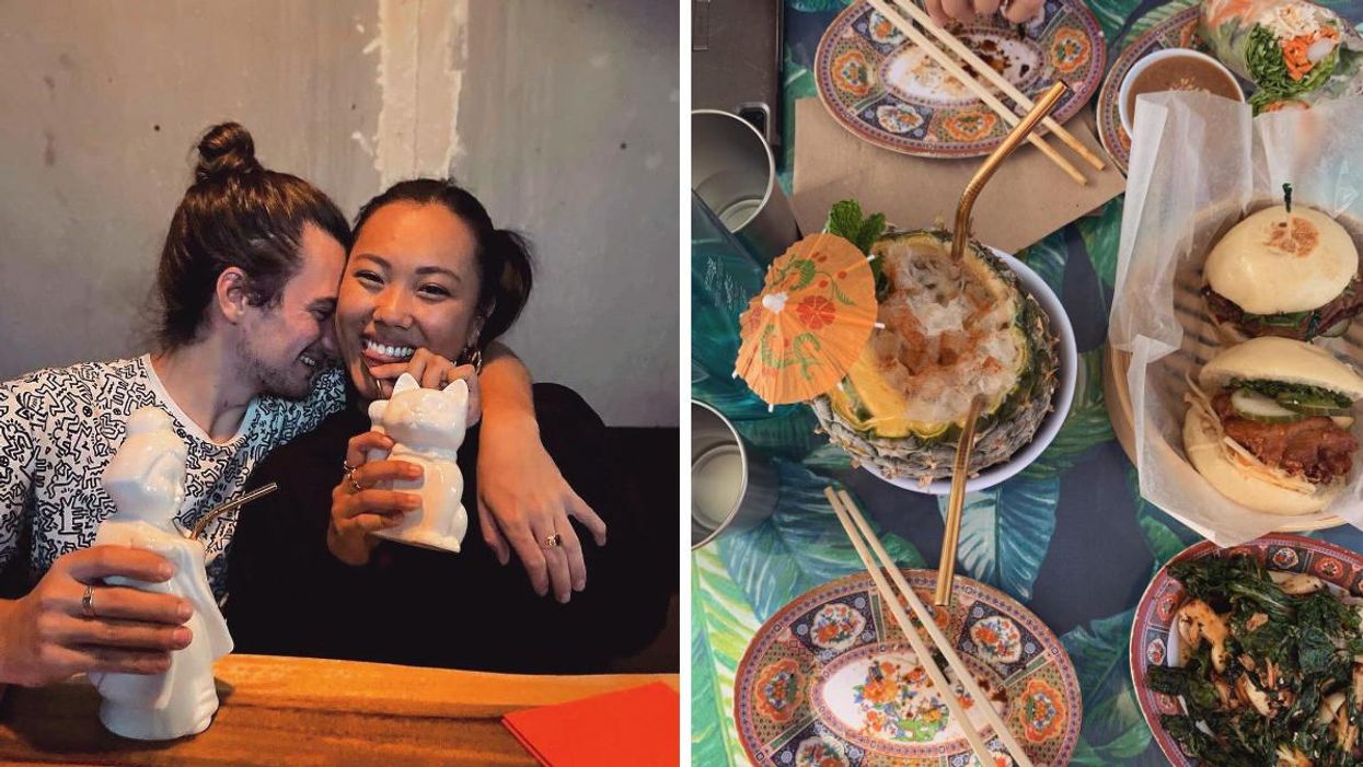 Deux personnes au restaurant Chez Tao à Québec. Droite : Aperçu des plats servis au restaurant Chez Tao à Québec.
