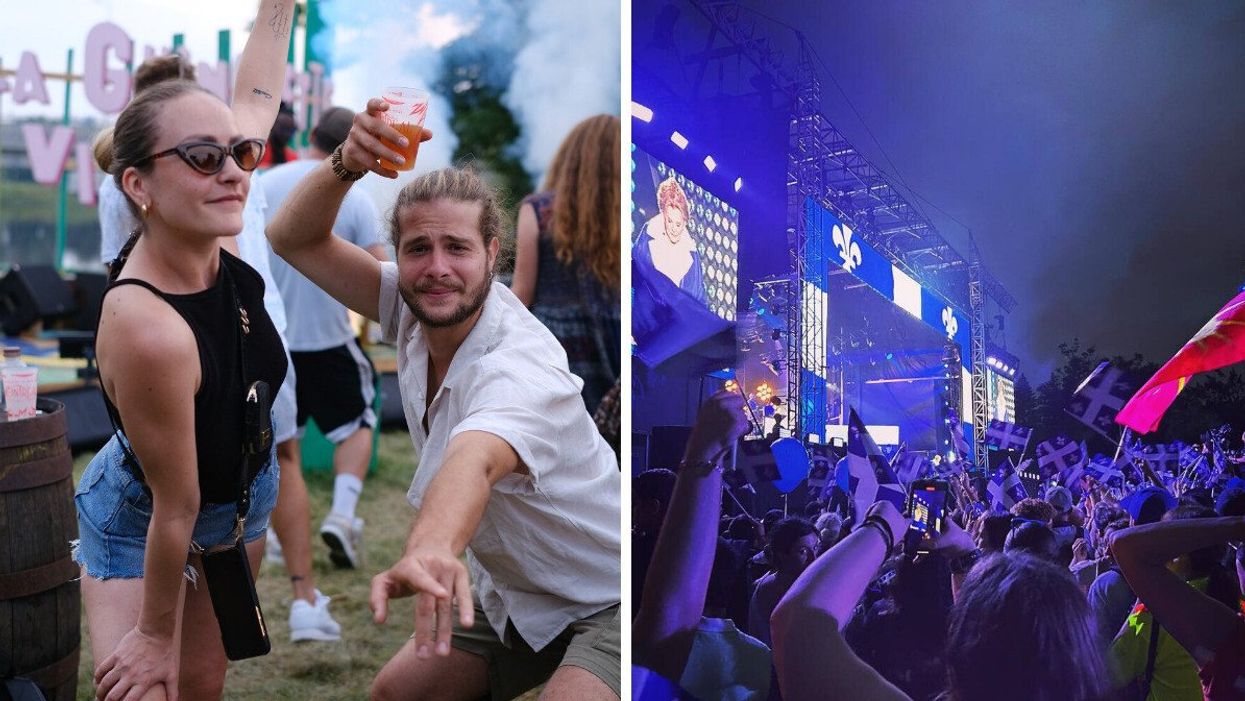 Deux personnes aux Guinguettes. Droite : Le spectacle de la Fête nationale du Québec.