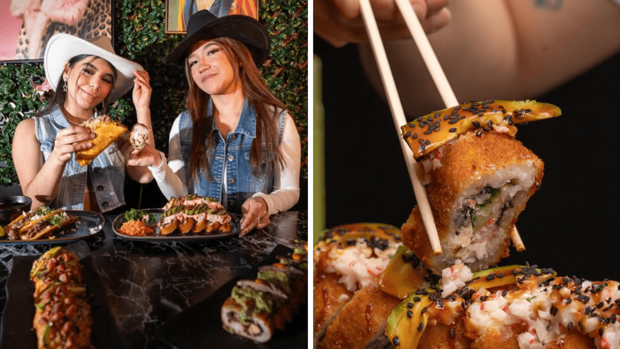 Deux personnes avec des tacos et des sushis. Droite : Des sushis fusion mexicaine.
