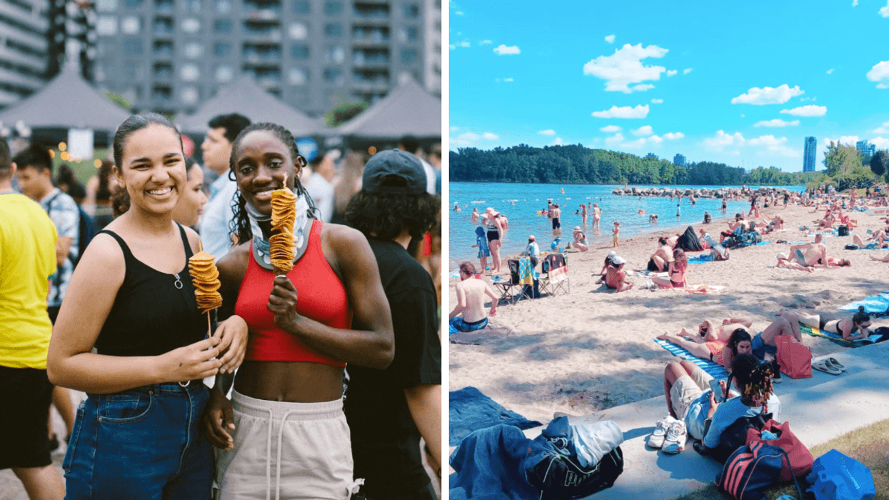 Deux personnes avec un mets du festival Pocha MTL. Droite : La plage de Verdun remplie de monde en été.