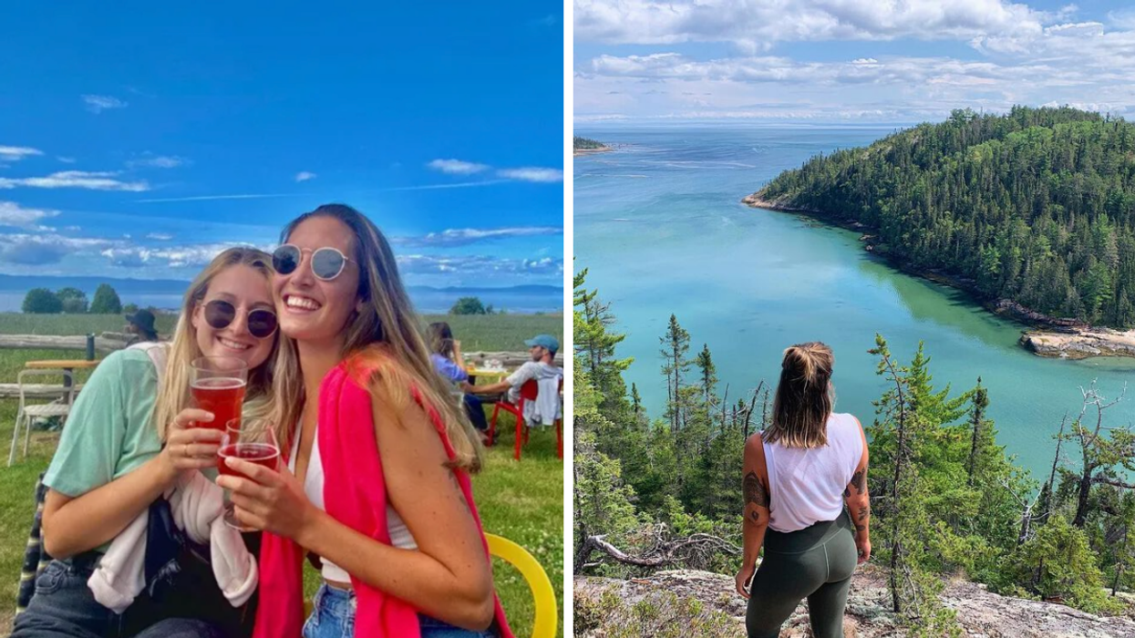 Deux personnes avec un verre à la main à Kamouraska. Droite : Une personne devant le fleuve à Baie-des-Rochers.