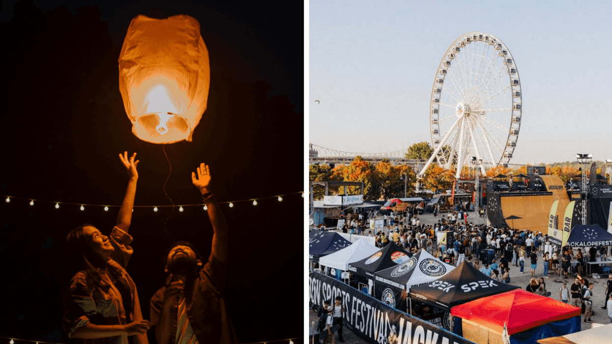 Deux personnes avec une lanterne. Droite : Le festival Jackalope à Montréal.