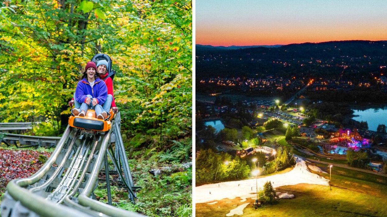 Deux personnes dans la montagne russe alpine de Saint-Sauveur. Droite : Sommet Saint-Sauveur en soirée.