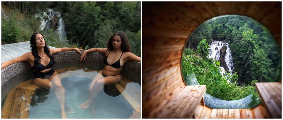 Deux personnes dans le spa du chalet \u00e0 Calumet \u00e0 louer sur Airbnb. Droite : Le sauna donnant sur la cascade.