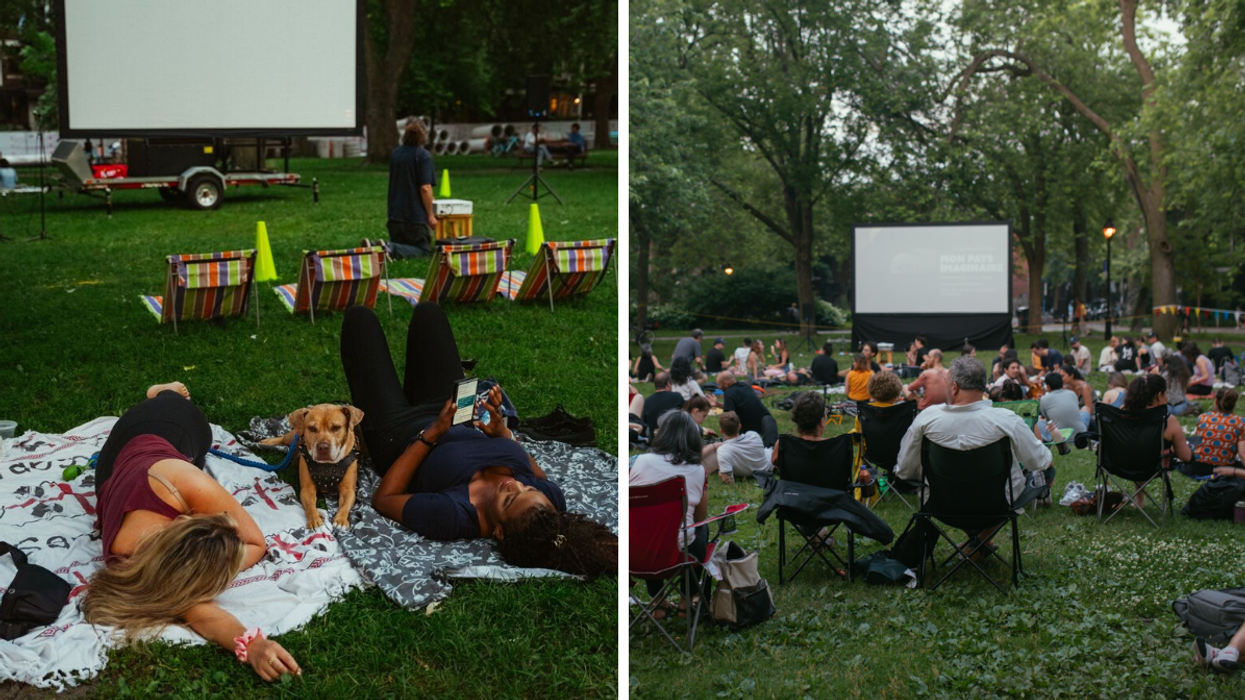 Deux personnes dans un parc devant un écran de projection. Droite : La foule au Cinema sous les étoiles.