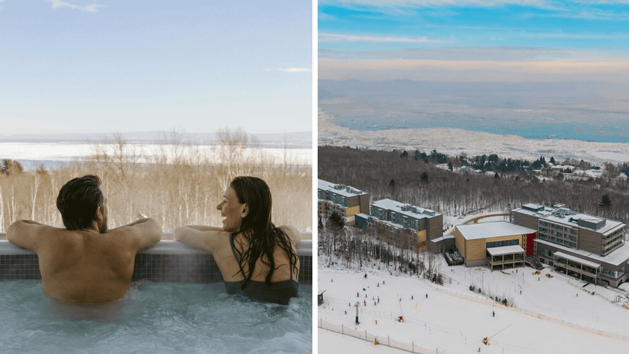 Deux personnes dans un spa. Droite : Le Club Med Charlevoix en hiver.