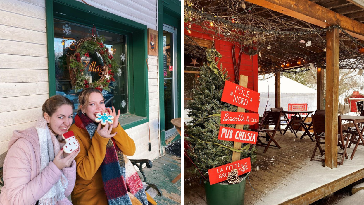 Deux personnes devant la boutique Une Boulangerie dans un Village. Droite : Les décorations du restaurant Biscotti & Cie.