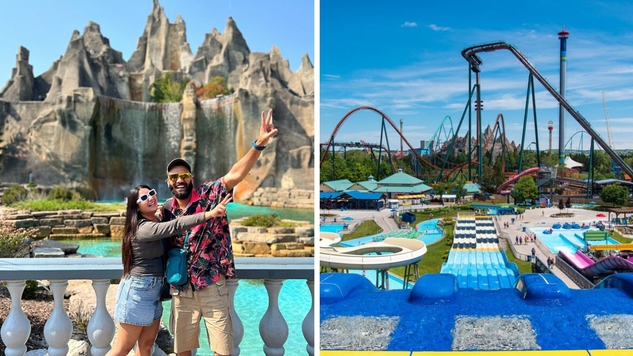 Deux personnes devant la montagne de Canada's Wonderland. Droite : Les glissades d'eau et manèges de Canada's Wonderland.
