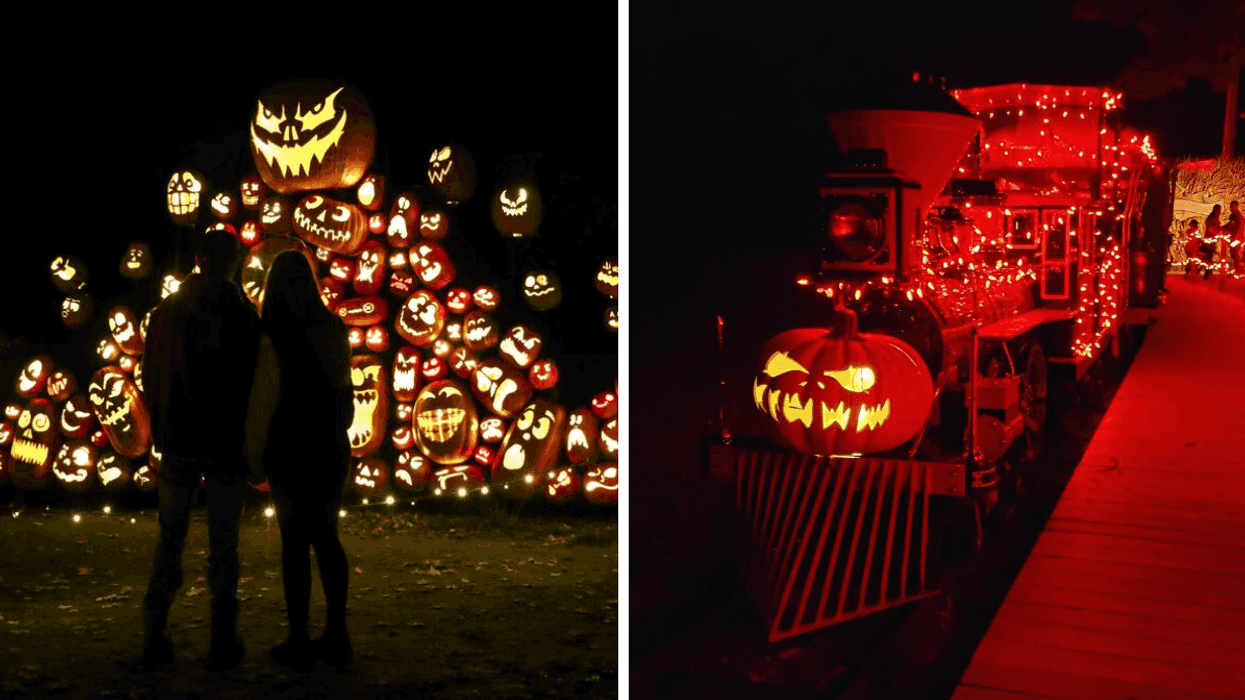 Deux personnes devant une structure de citrouilles. Droite : Le train du Upper Canada Village.