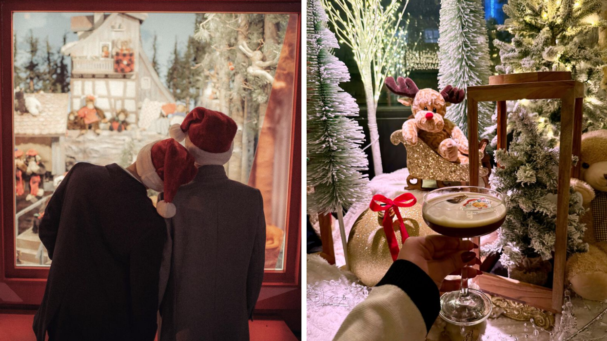 Deux personnes devant une vitrine de Noël. Droite : Une main qui tient un cocktail devant un décor de Noël.