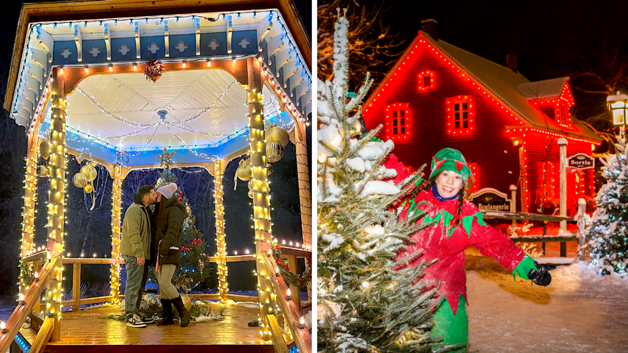 Deux personnes enlacées au Village Illuminé Desjardins. Droite : Un lutin devant une maisons illuminée au Village Illuminé Desjardins.