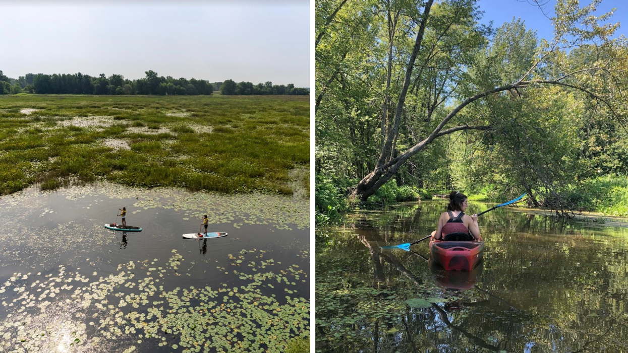 Deux personnes font du paddleboard à la Maison du marais. Droite : Personne en kayak à la maison du marais.