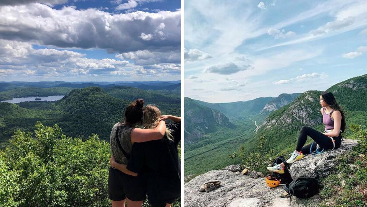Deux personnes regardent la vue du Mont Nixon, Droite : Une personne est assises sur un gros rocher sur le flanc d'une montagne dans le Parc nation des Grands-Jardins.