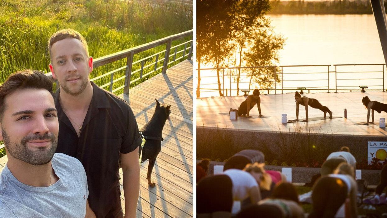 Deux personnes sur une passerelle dans un parc de Longueuil. Droite : Des personnes faisant du yoga au bord de l'eau à Candiac.