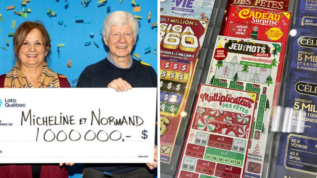 Deux personnes tiennent un gros chèque de 1 M$ dans leurs mains. Droite : des billets de loterie dans un présentoir.
