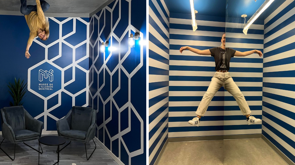 Deux pi\u00e8ces du mus\u00e9e qui permet de faire des photos illusionnistes.