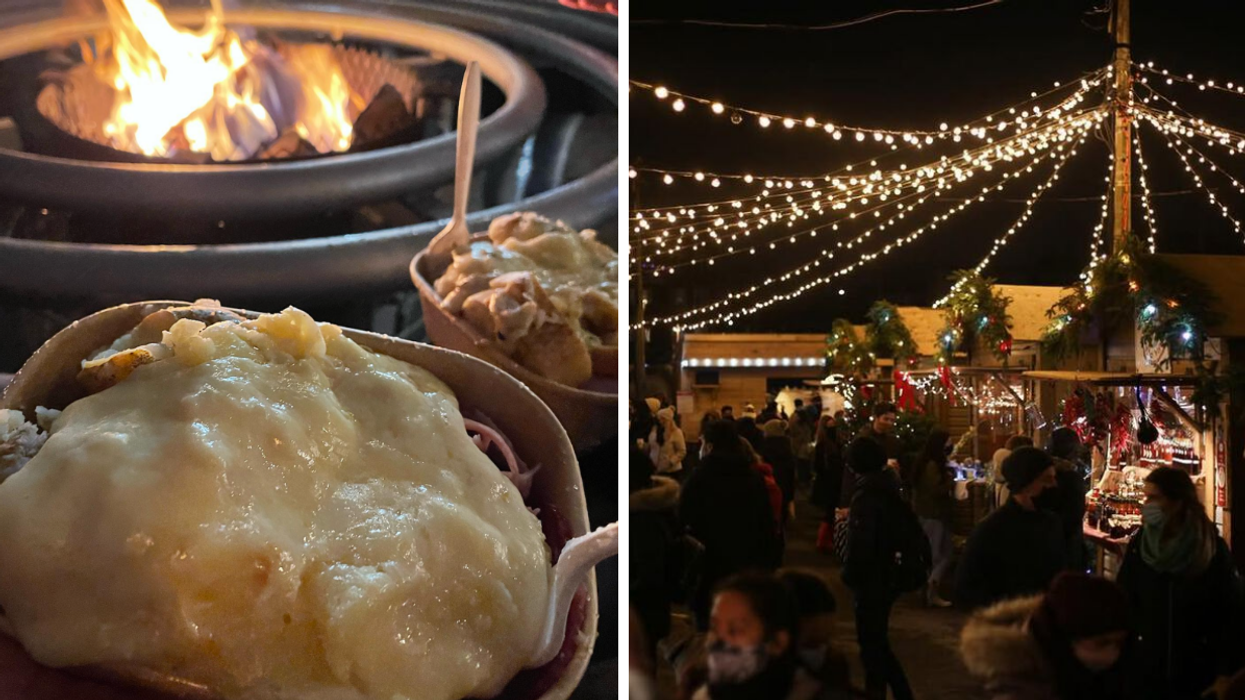 Deux plat de raclettes devant un feu au Montréal Raclette Party. Droite : Le Village de Noël de Montréal.