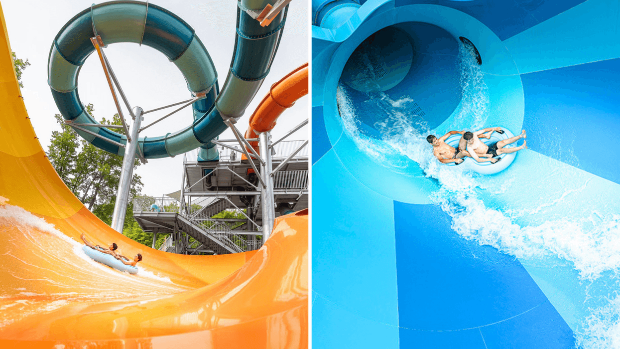 Deux visiteurs s'élancent dans le glissade Tornade du parc aquatique. Droite: Vue intérieure du glissade Tornade avec deux personnes dans une bouée double.