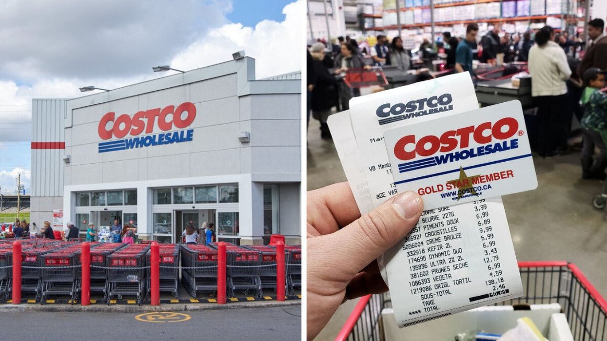 Devanture d'un Costco. Droite : Carte de membre Costco.