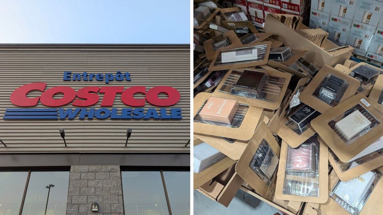 Devanture d'un Costco. Droite : parfums empilés vendus chez Costco.
