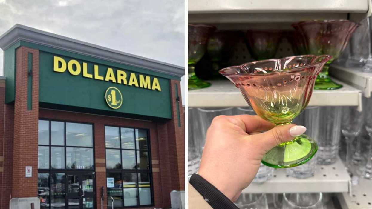Devanture d'un Dollarama au Québec. Droite : Coupe à dessert en verre rose et vert tenue en main dans une allée Dollarama.