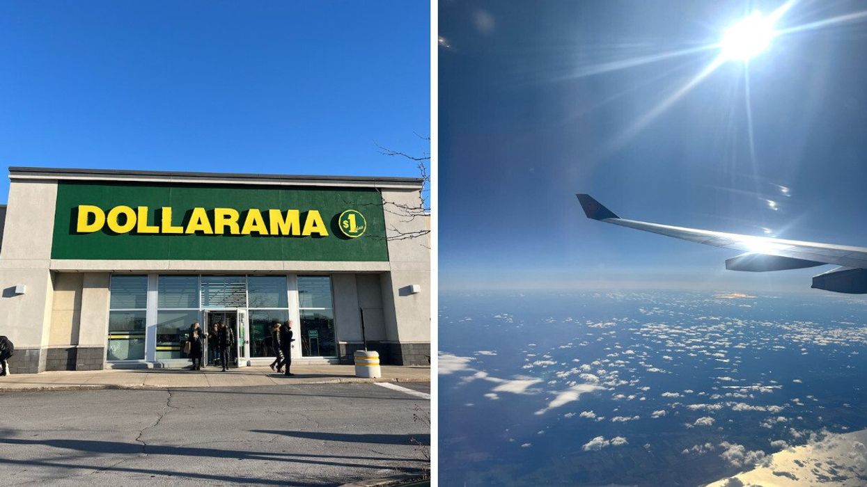 Devanture d'un Dollarama. Droite : Aile d'avion en plein vol.