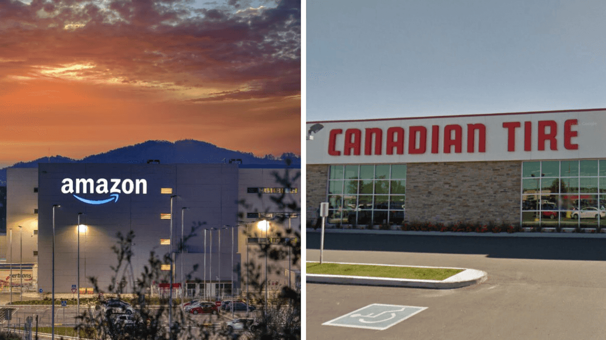 Devanture d'un entrepôt Amazon. Droite : Devanture du magasin Canadian Tire.