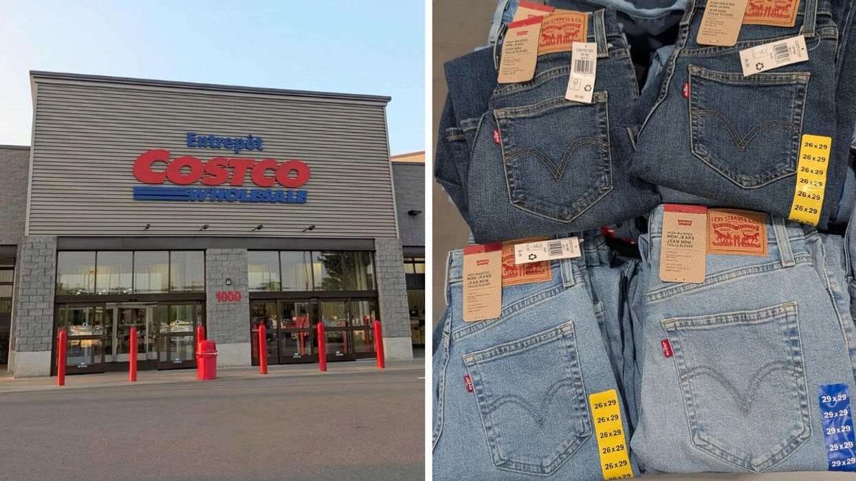 Devanture d'un entrepôt Costco. Droite : des jeans bleu pâle et bleu foncé vendus chez Costco.