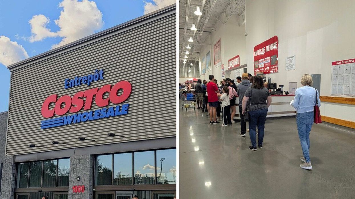 Devanture d'un entrepôt Costco. Droite : personnes en ligne pour le comptoir des retours chez Costco.