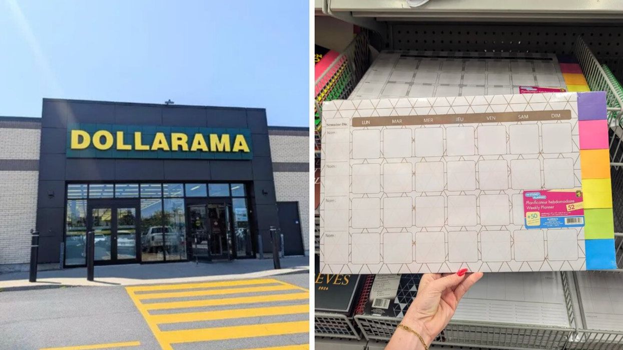 Devanture d'un magasin Dollarama. Droite : Une main qui tient un planificateur hebdomadaire vendu dans la rangée des fournitures scolaires chez Dollarama.
