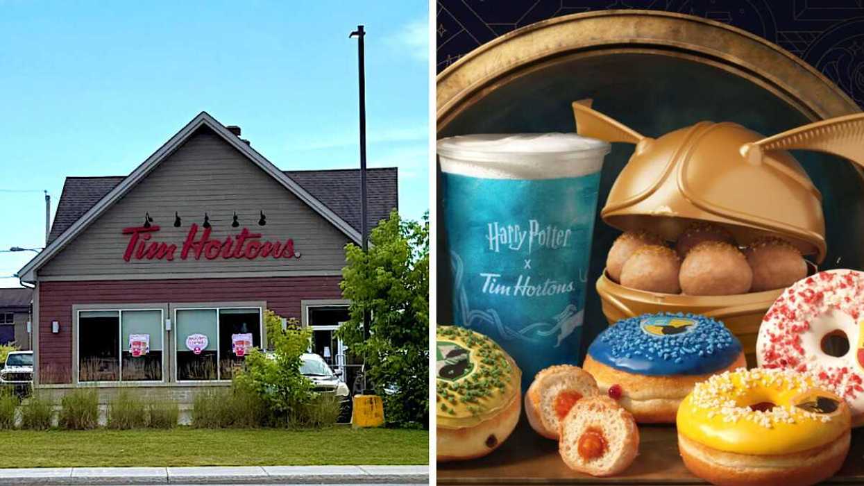 Devanture d'un Tim Hortons au Québec. Droite : La collaboration Tim Hortons X Harry Potter, Retour à Poudlard.