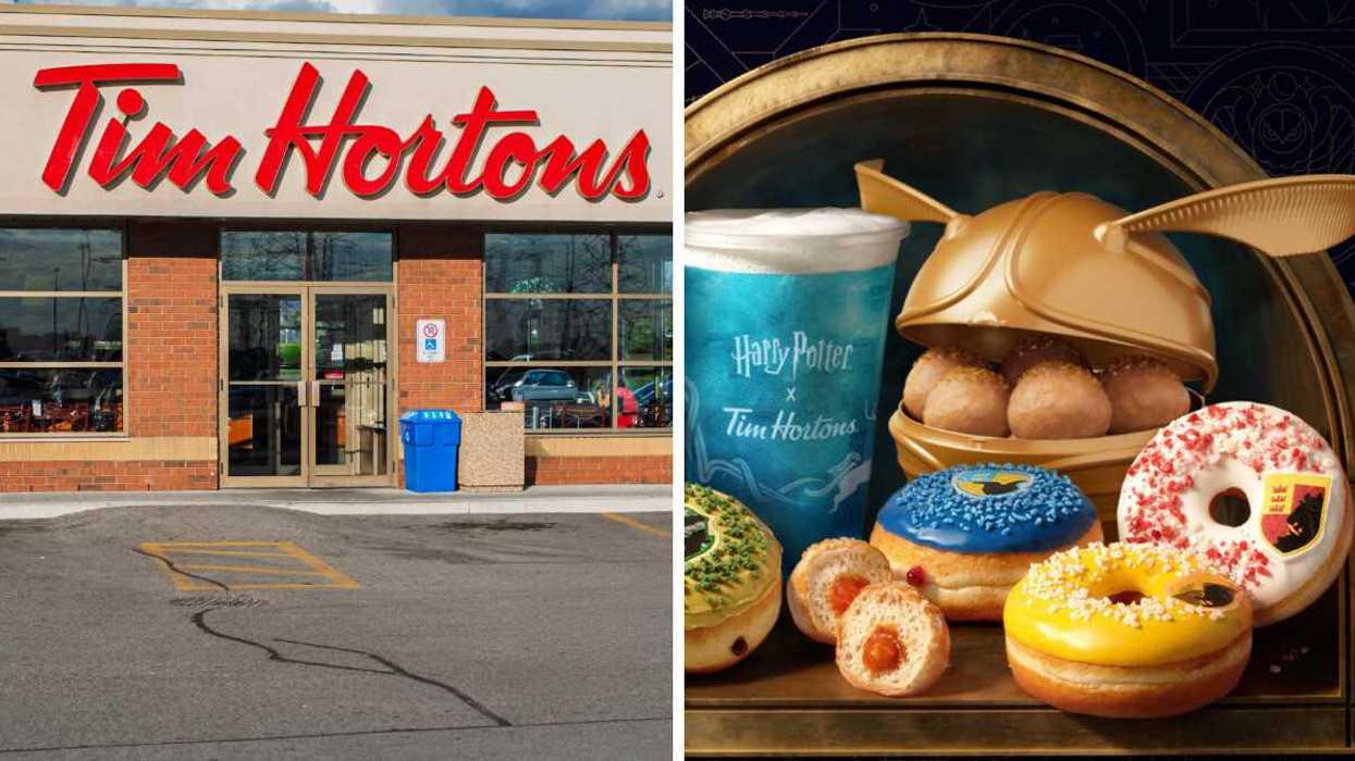 Devanture d'un Tim Hortons au Québec. Droite : La collaboration Tim Hortons X Harry Potter, Retour à Poudlard.