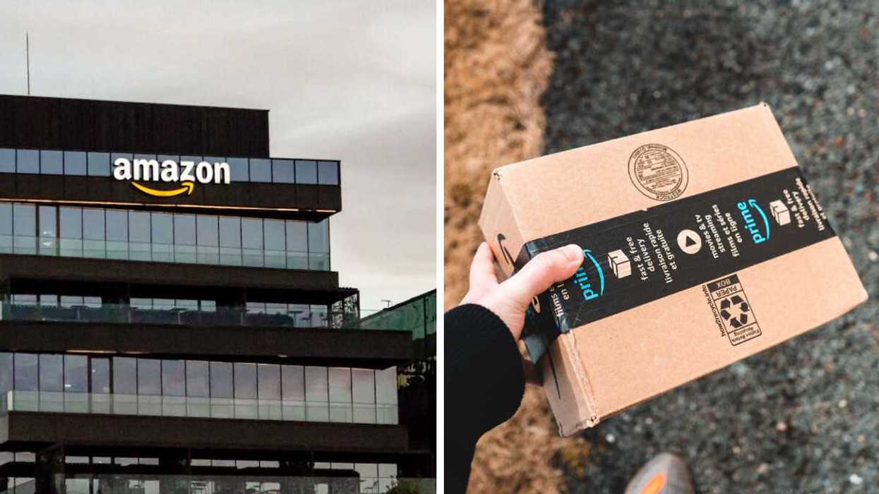 Devanture de bureaux Amazon. Droite : Une main tient un colis Amazon Canada Prime.