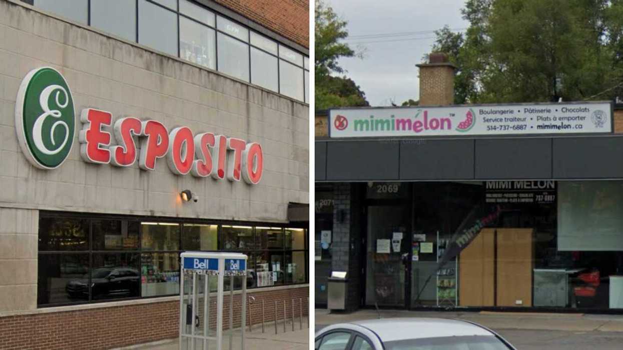 Devanture de l'épicerie Esposito à Montréal. Droite : Devanture du commerce Mimimelon à Montréal.