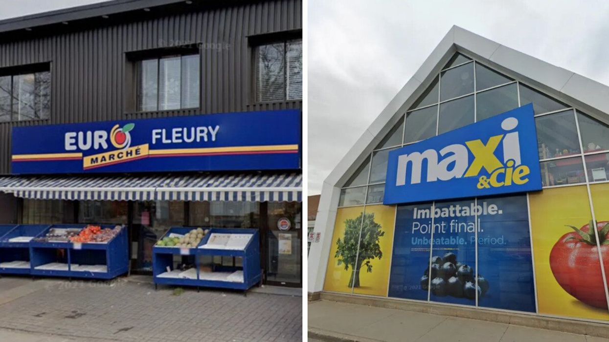 Devanture de l'Euromarché Fleury. Droite : Devanture du Maxi.