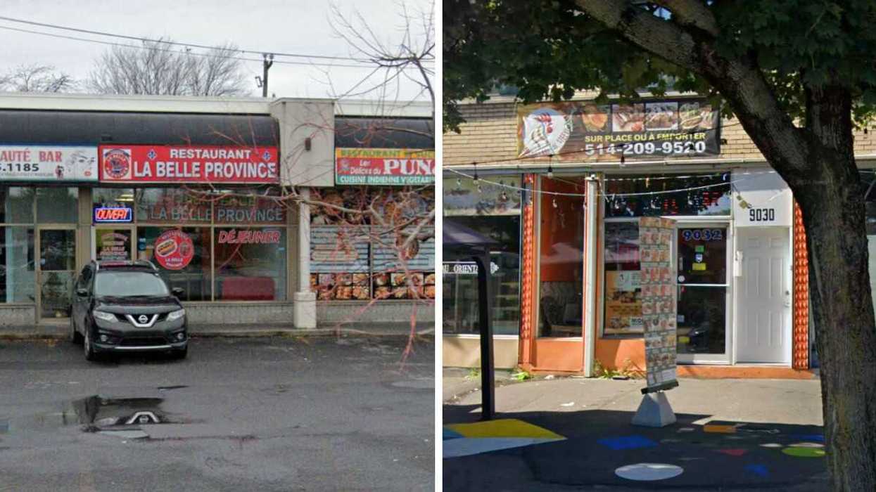 Devanture de La Belle Province à Montréal. Droite : Devanture du restaurant Les Grillades de Steeve à Montréal.