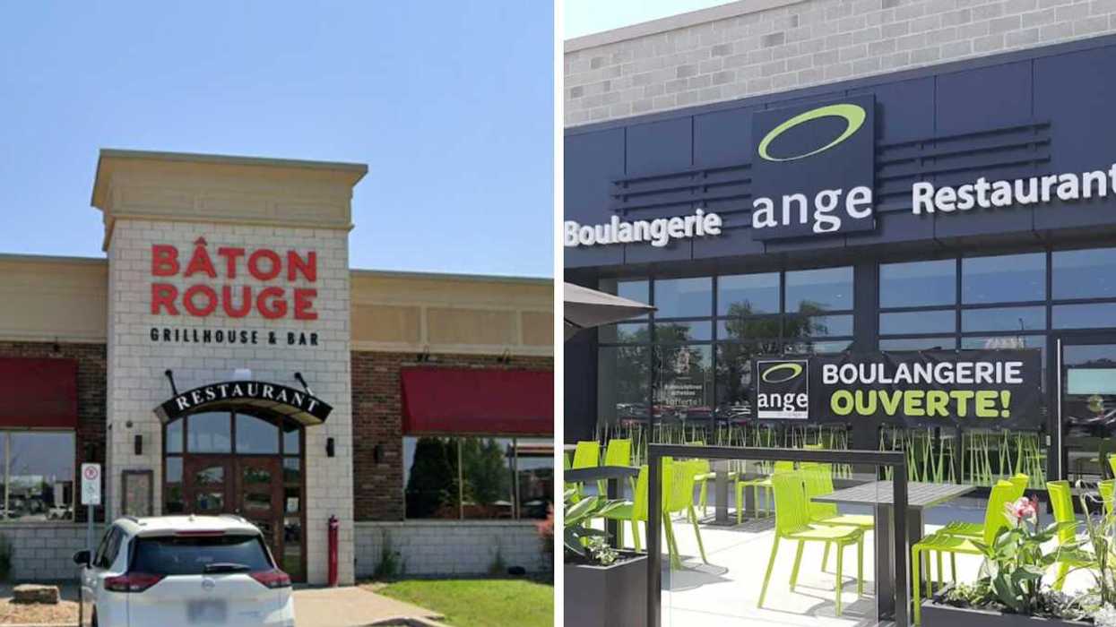 Devanture de la Boulangerie Ange à Brossard. Droite : Devanture du restaurant Bâton Rouge à Candiac.