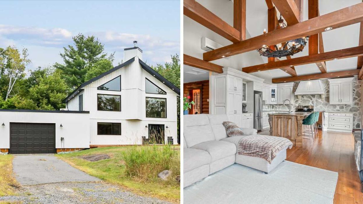 Devanture de la maison à vendre dans les Laurentides. Droite : L'intérieur de la maison.