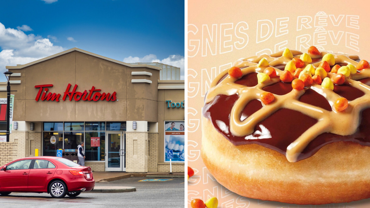 Devanture de Tim Hortons. Droite : Nouveau beigne gâteau au fromage au beurre d'arachide Reese's.