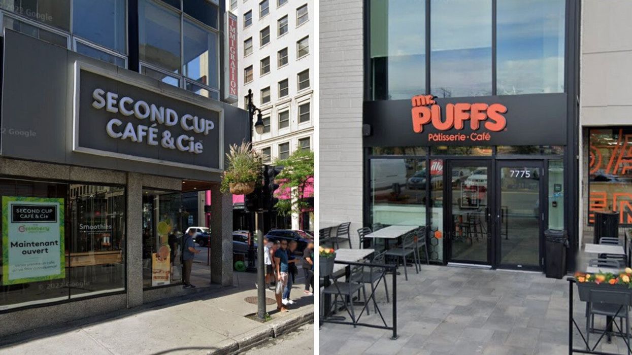 Devanture du Café Second Cup, mis à l'amende par le MAPAQ. Droite : Mr. Puffs LaSalle, mis à l'amende par le MAPAQ.