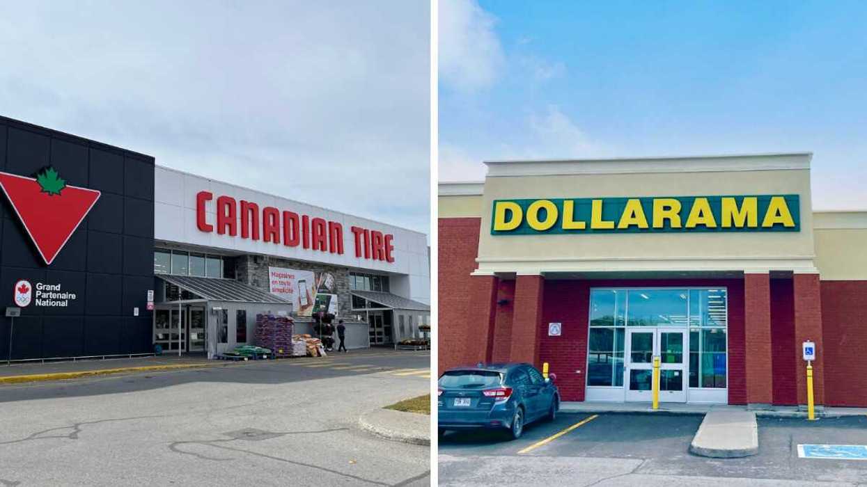 Devanture du Canadian Tire. Droite : Devanture du Dollarama.