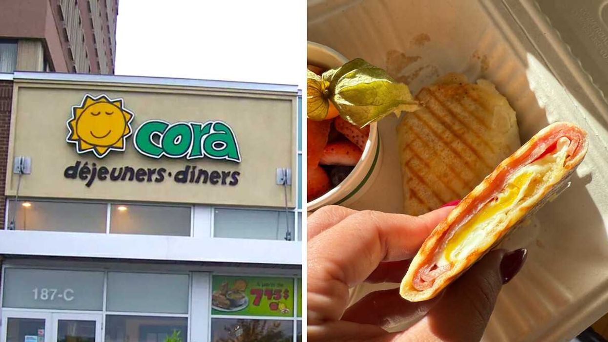 Devanture du Chez Cora. Droite : Une crêpe déjeuner de Chez Cora.