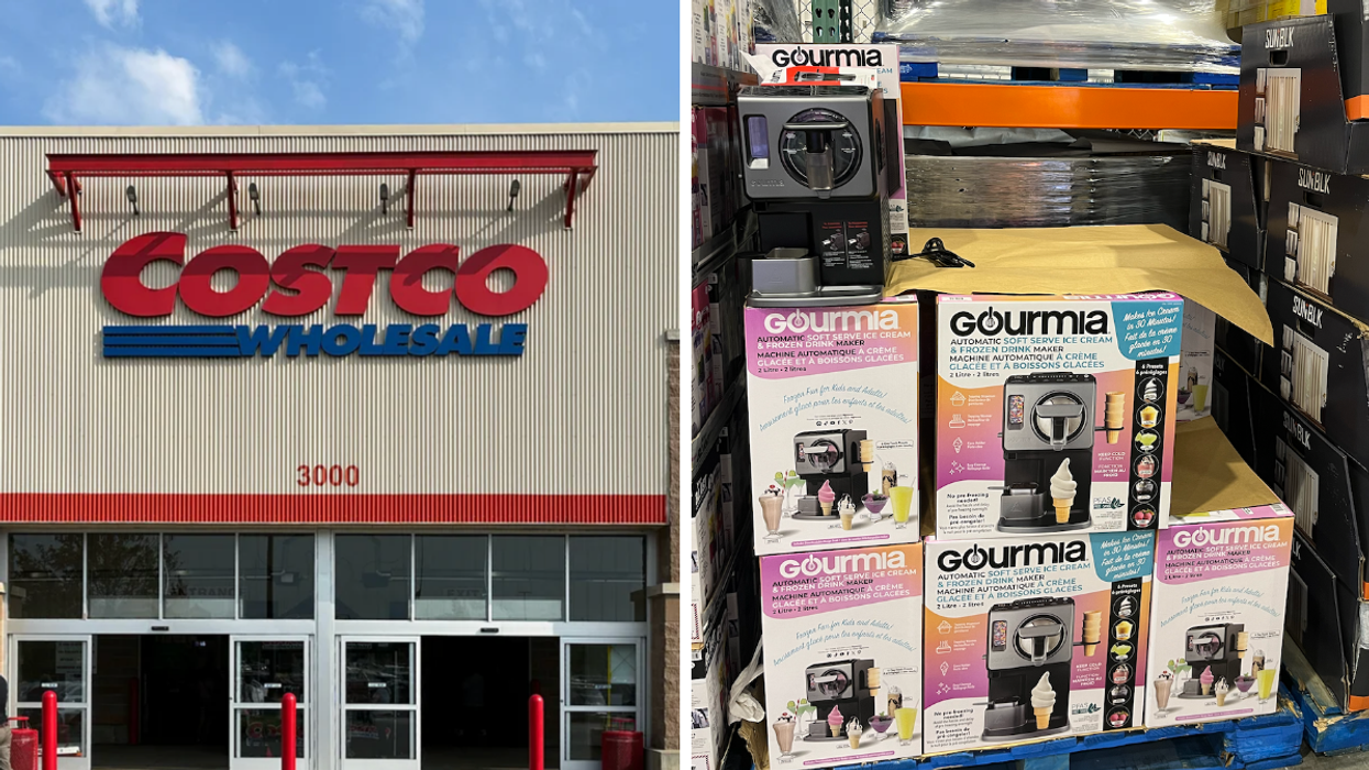 Devanture du Costco. Droite : Machine à crème glacée et boissons glacées Gourmia du Costco.