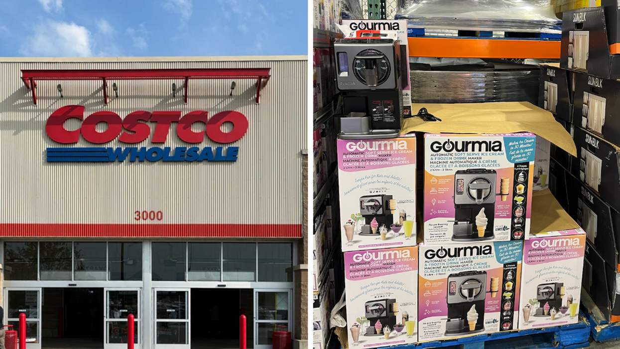 Devanture du Costco. Droite : Machine à crème glacée et boissons glacées Gourmia du Costco.
