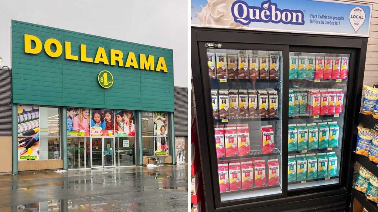 Devanture du Dollarama à Montréal. Droite : Le présentoir de lait Québon au Dollarama.