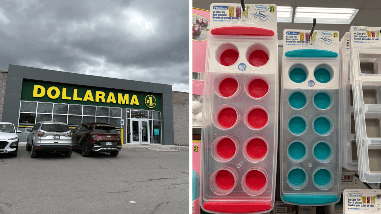 Devanture du Dollarama. Droite : Bacs à glaçons sur les étagères du Dollarama.