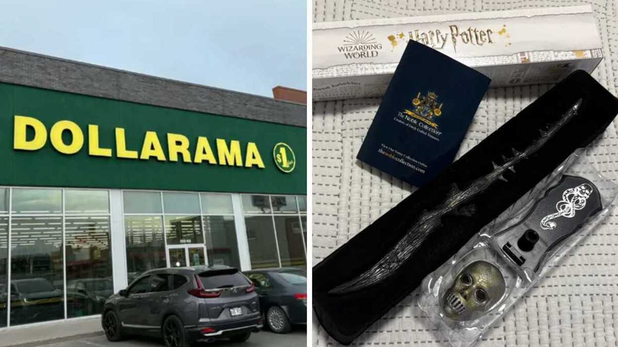 Devanture du Dollarama. Droite : Baguette mystère de la collection Harry Potter vendue au Dollarama.