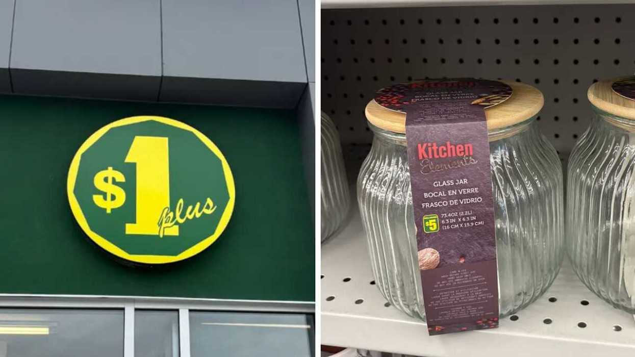 Devanture du Dollarama. Droite : Bocal en verre sur les tablettes du Dollarama.