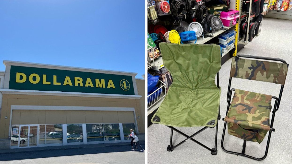 Devanture du Dollarama. Droite : Chaises de camping vendues au Dollarama.