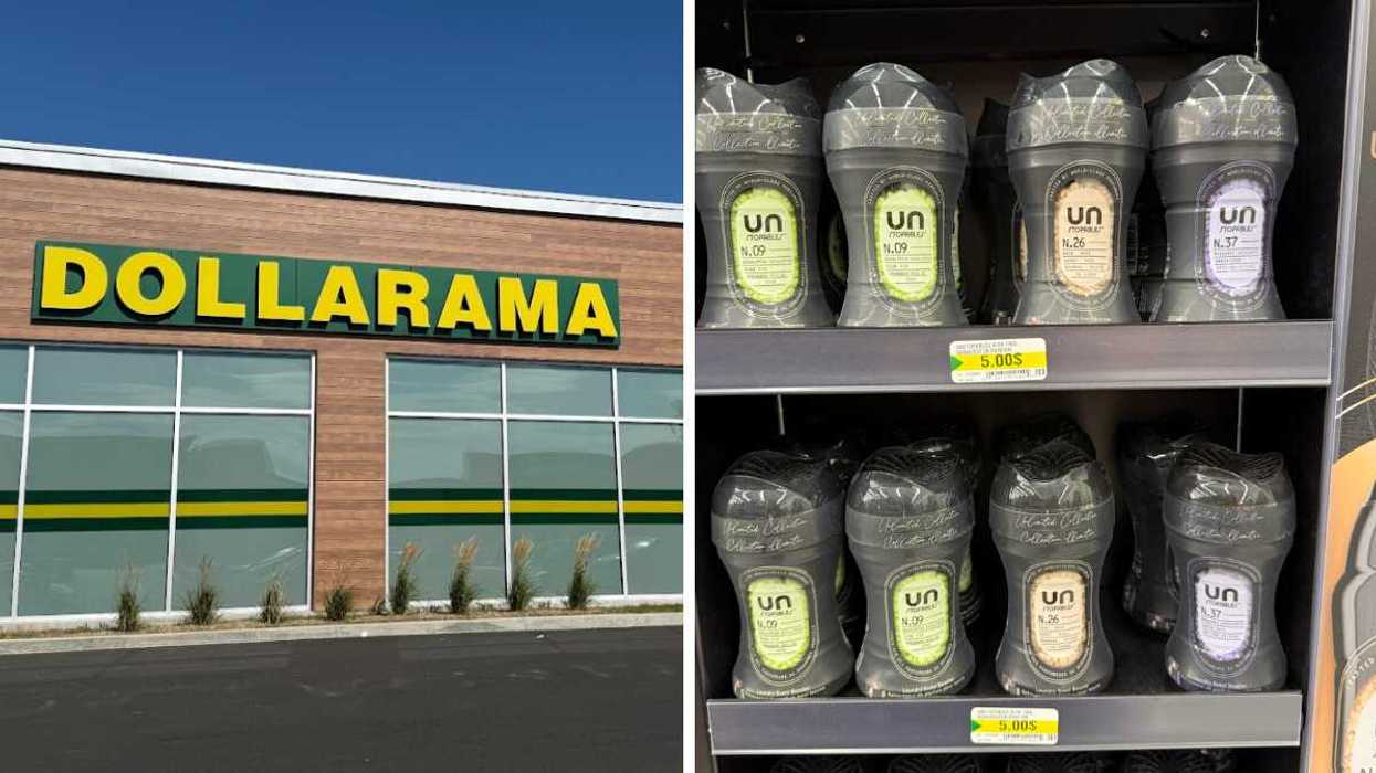 Devanture du Dollarama. Droite : Contenants de perles rehausse-parfum Unstopables Collection Illimitée sur une tablette du Dollarama.